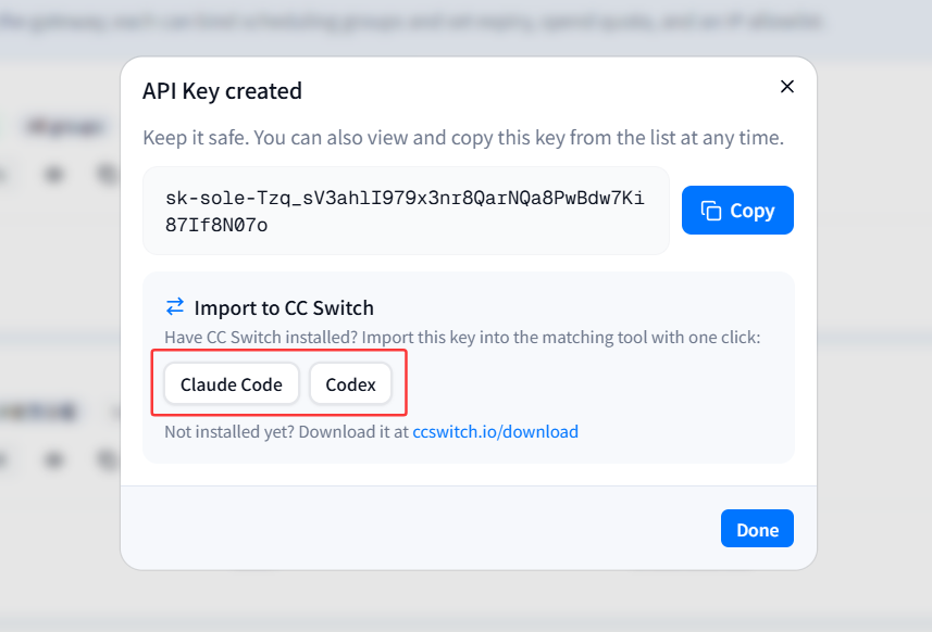 Dialog shown after creating an API key; the "Import to CC Switch" section at the bottom offers one-click import buttons for Claude Code and Codex