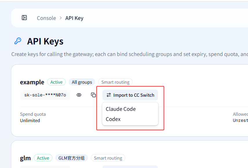 In the API key list, the inline "Import to CC Switch" button on a key expands to a choice of Claude Code or Codex
