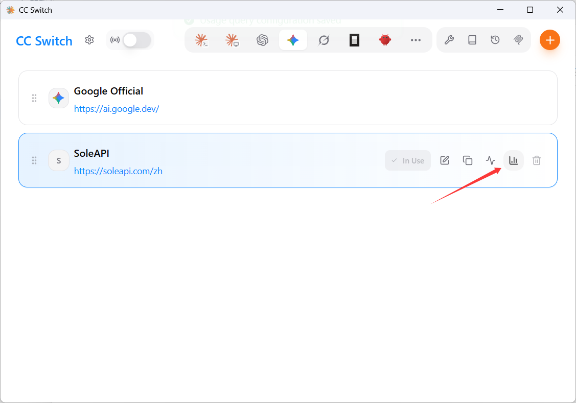 In the CC Switch provider list, the row of action icons on the right of the SoleAPI entry; the bar-chart icon is "Configure usage query"
