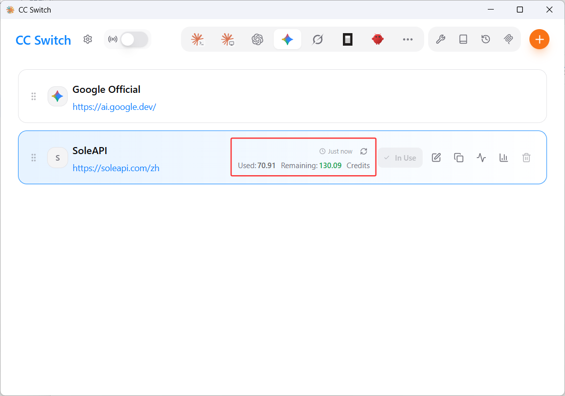 In the CC Switch provider list, the SoleAPI row shows "Used: 69.60 Remaining: 131.40 Credits" with a refresh button and last-updated time on the right
