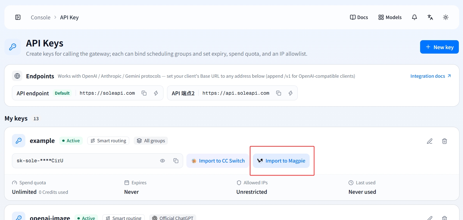 Import to Magpie entry on an API Key card