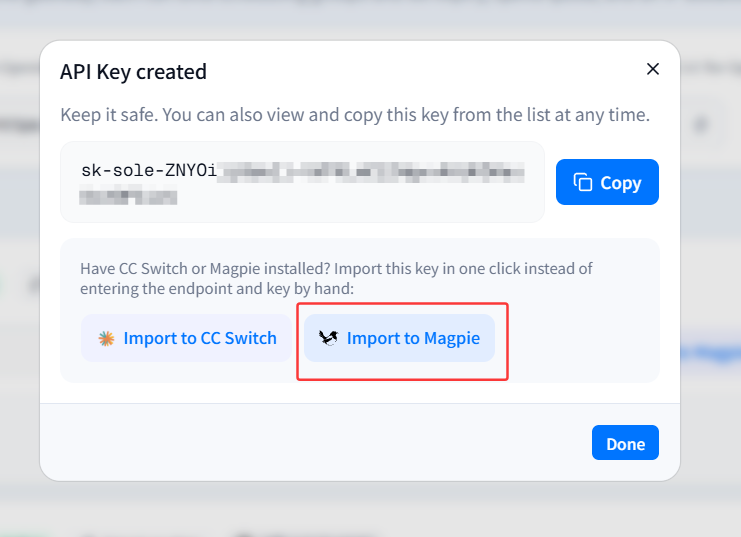 Import to Magpie entry in the API Key creation success dialog