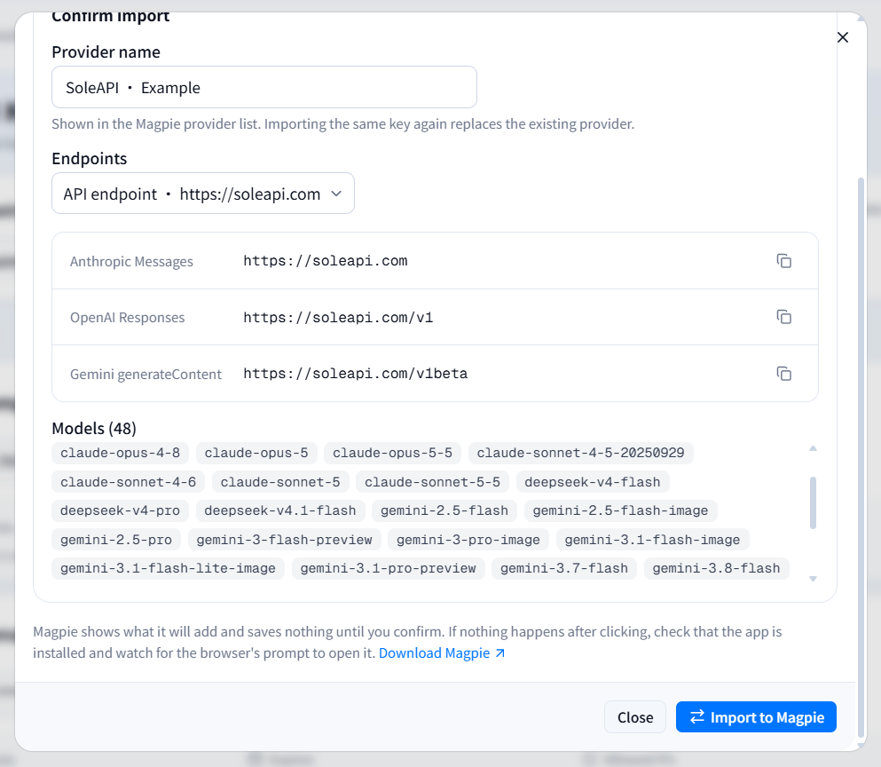 Magpie available-model preview and the Import to Magpie button before submission