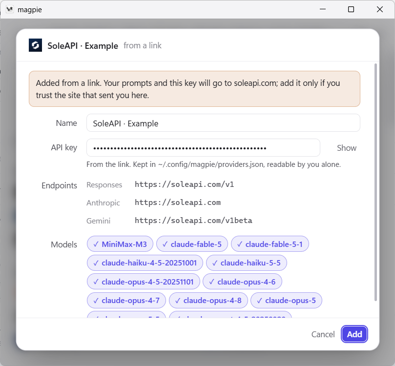 Magpie import preview with provider name, endpoints, and available models