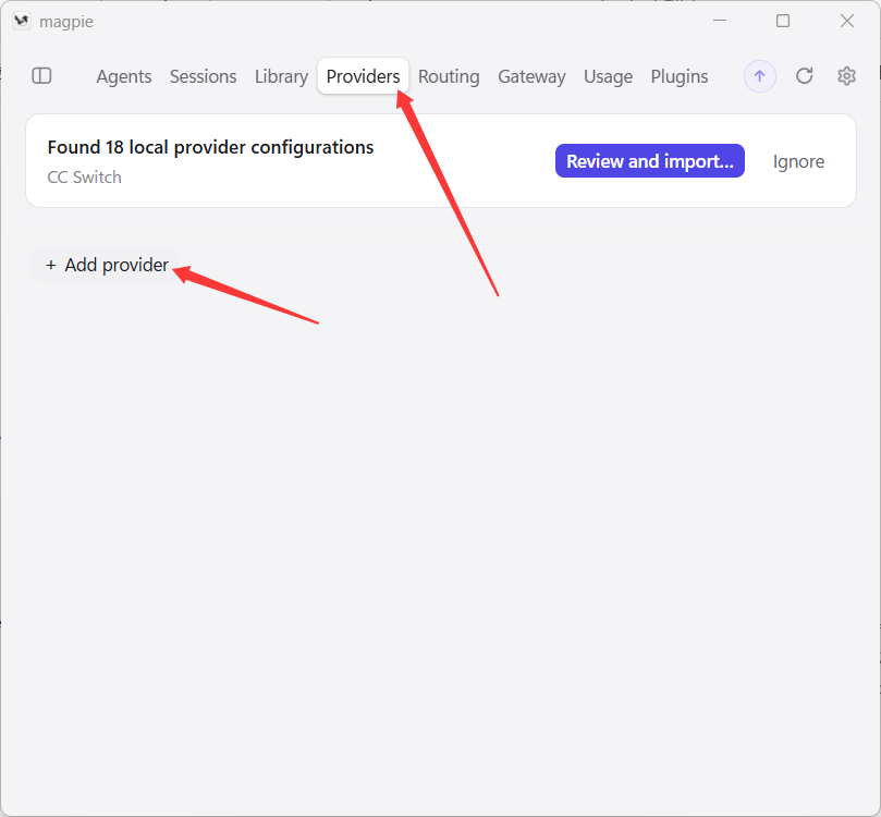 Magpie provider management page with Add provider