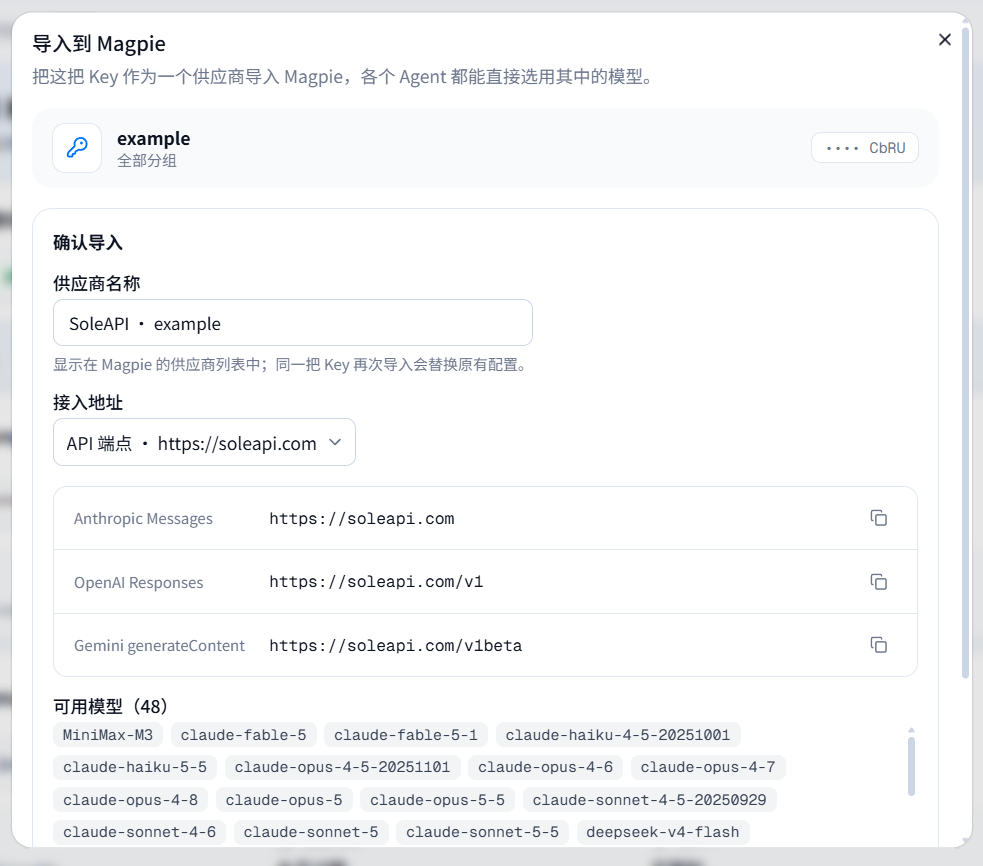 「导入到 Magpie」窗口中的 Key 信息、供应商名称及三类协议地址