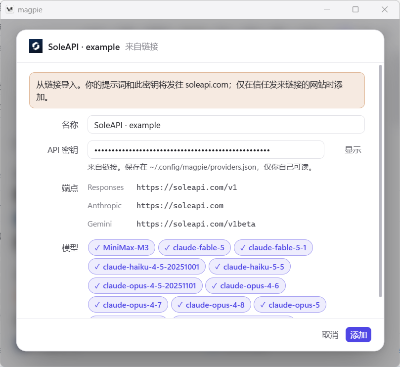 Magpie 中的导入预览,包含供应商名称、接入地址和可用模型